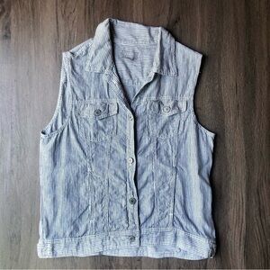 Kenar Linen Vest Women’s Large Gray White Railroad Stripe Coastal Beachy